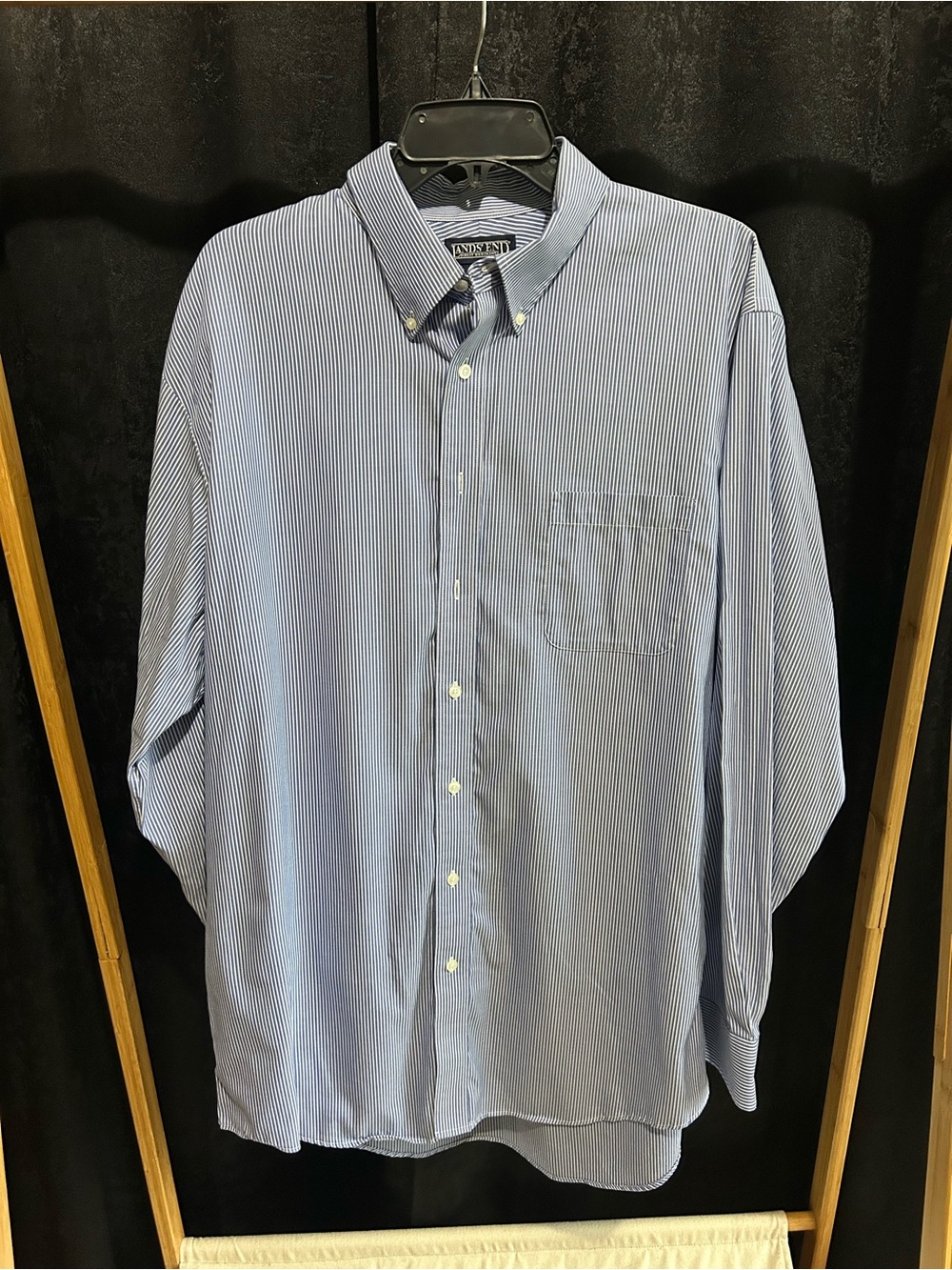 Lands' End Men's Blue Thin-Stripe Button-Down Shirt Tall